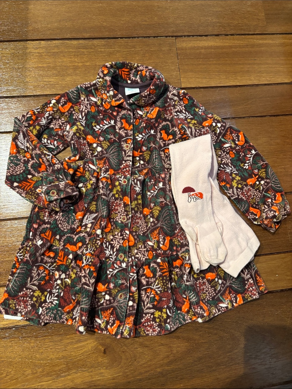 Boboli Corduroy Autumn Woodland Print Dress in Brown and Orange with Tights 3T
